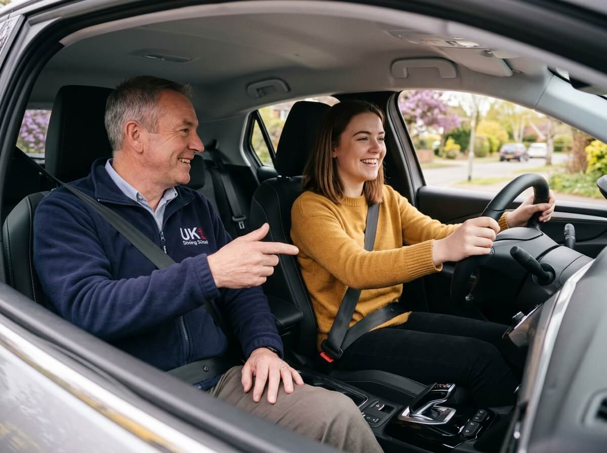 Automatic driving instructor teaching a learner in Birmingham