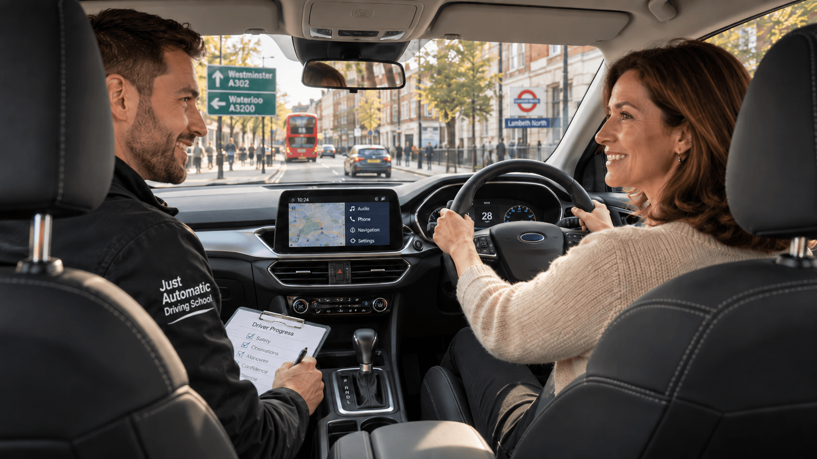 Mature adult learner driving an automatic car with a patient instructor in Birmingham