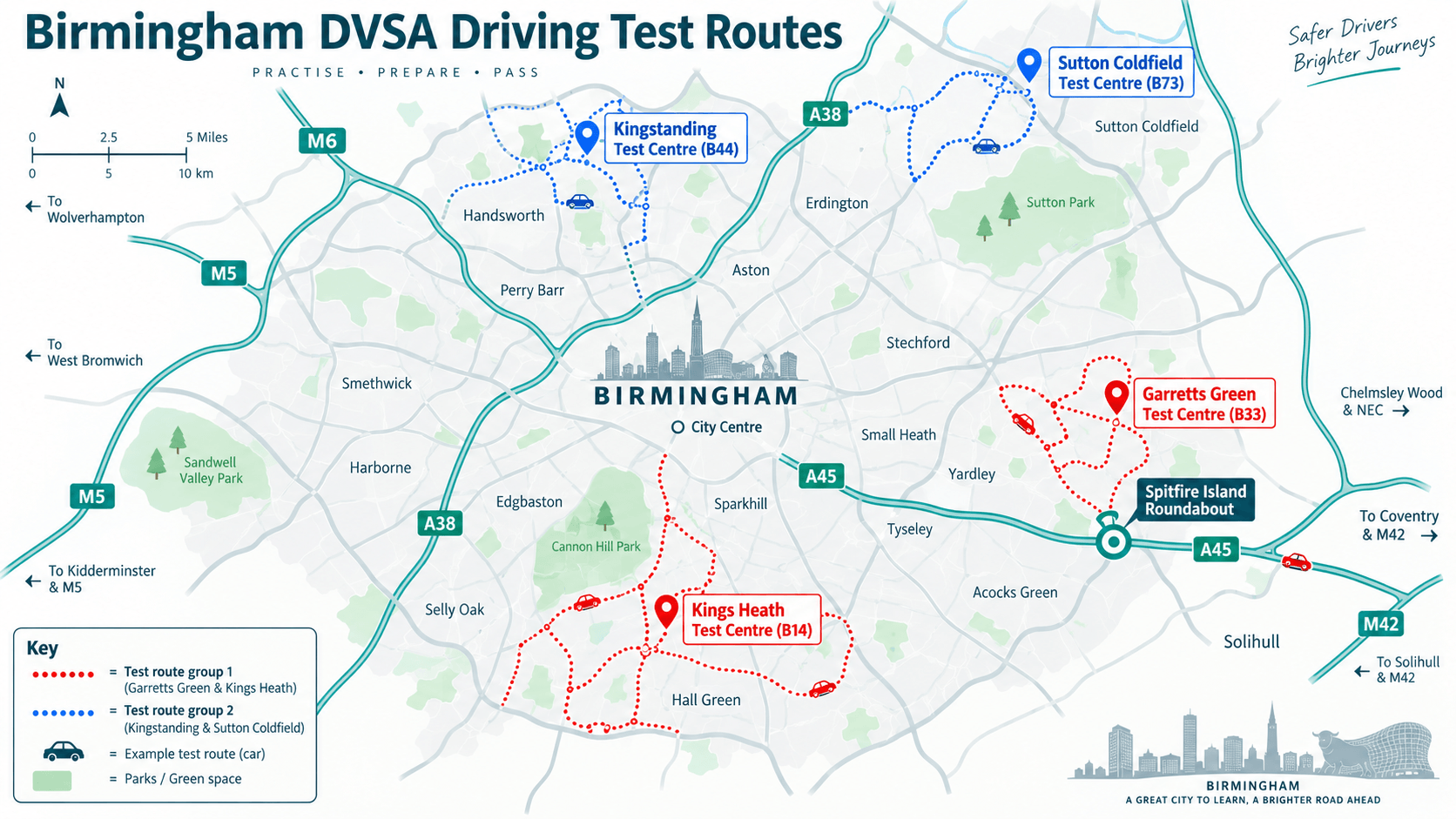 Birmingham local driving test routes map including Garretts Green, Kings Heath, and Kingstanding test centres